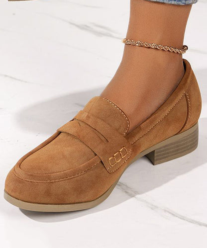 Simple Brown Round Head Suede Low Heel Flats Shoes