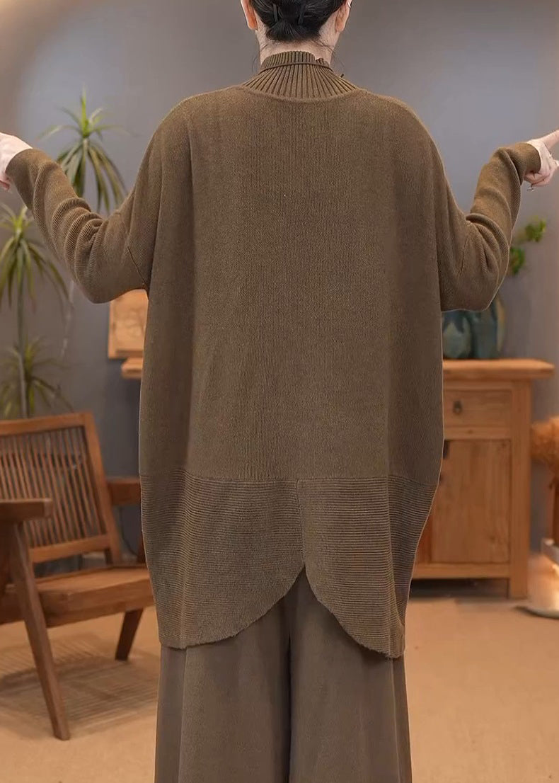 Simple Brown Turtleneck Knit Sweater Winter