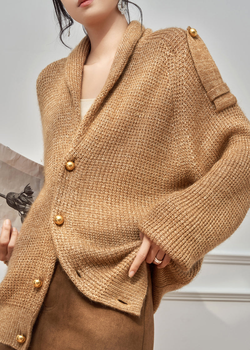 Simple Brown V Neck Button Cozy Knit Coats Winter