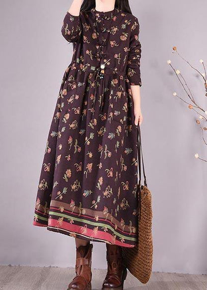 Simple Burgundy Print Dress Drawstring Spring Dresses