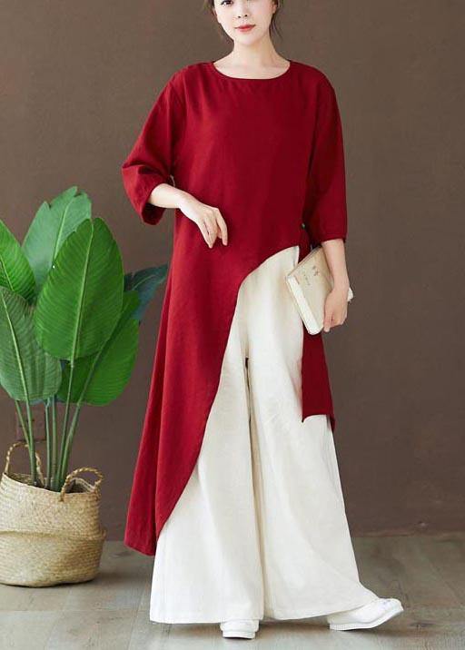 Simple Burgundy Tops Blouses O Neck Asymmetric Shirts