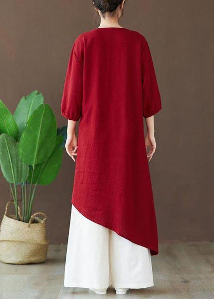 Simple Burgundy Tops Blouses O Neck Asymmetric Shirts