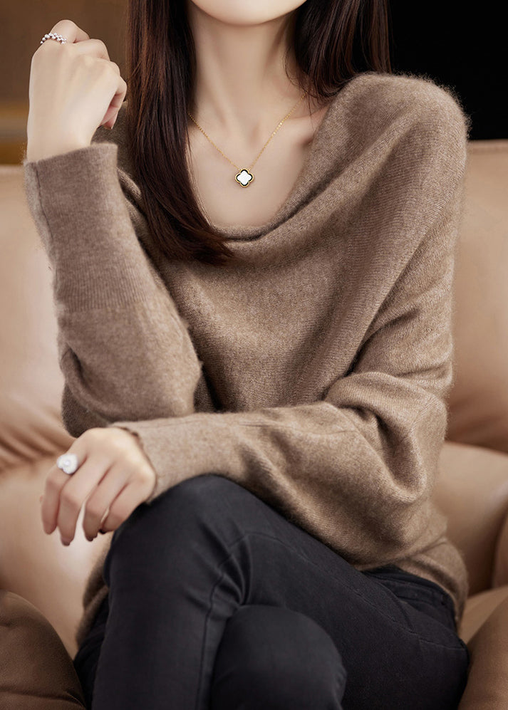 Simple Camel Cozy Cashmere Knit Sweater Batwing Sleeve
