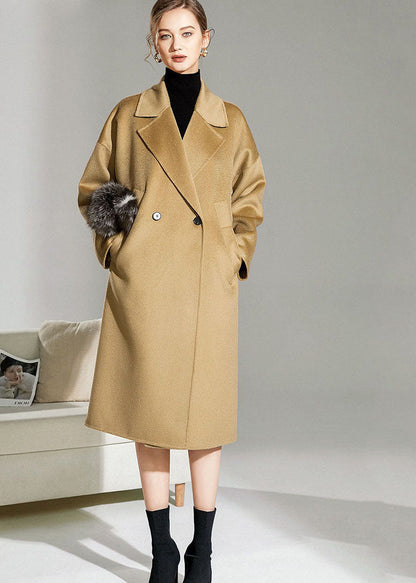 Simple Camel Peter Pan Collar Pockets Woolen Cocoon Coat Winter