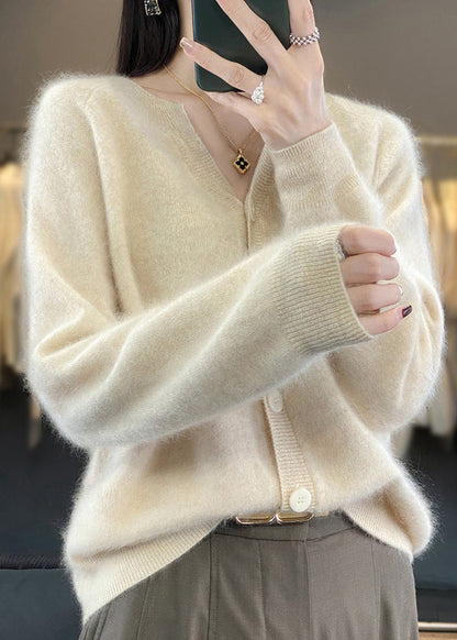 Simple Camel V Neck Button Cashmere Cardigan Long Sleeve