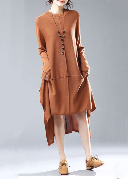 Simple Caramel O Neck Low High Design Patchwork Knit Knitwear Dress Fall