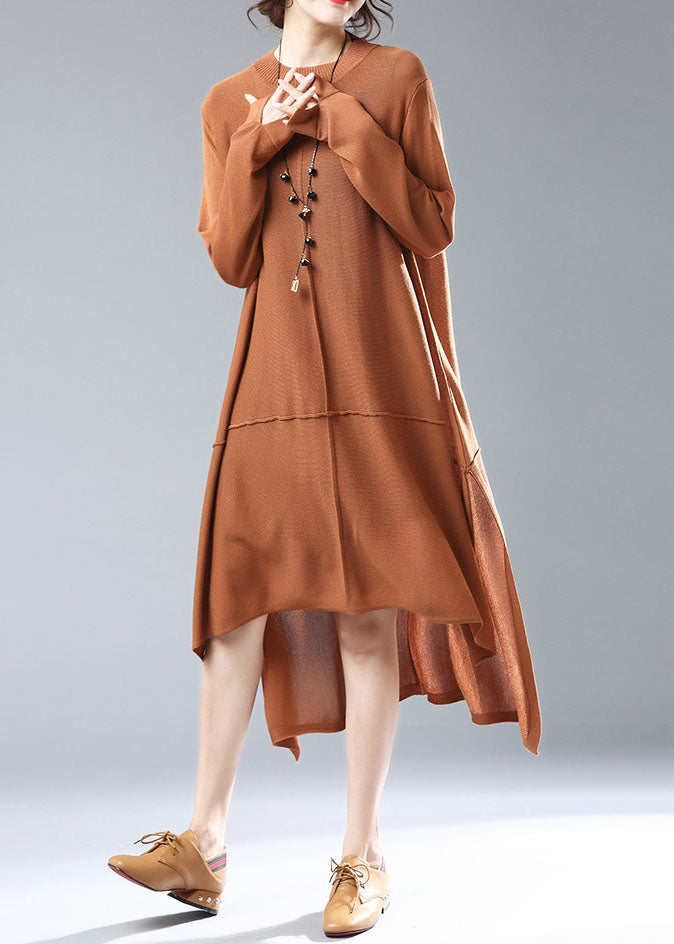 Simple Caramel O Neck Low High Design Patchwork Knit Knitwear Dress Fall