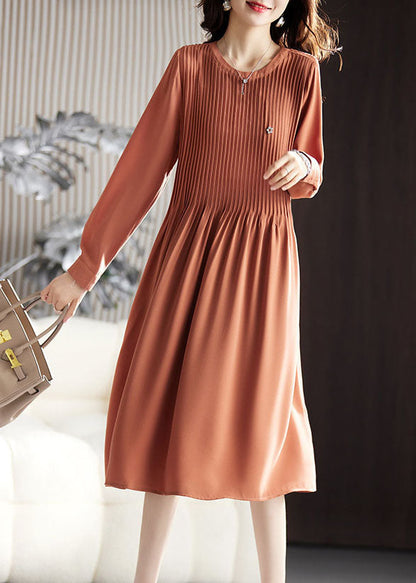 Simple Caramel O-neck Wrinkled Maxi Dresses Long Sleeve