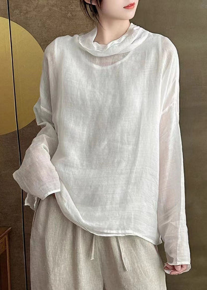 Simple Chic White Turtle Neck Patchwork Linen Shirts Long Sleeve