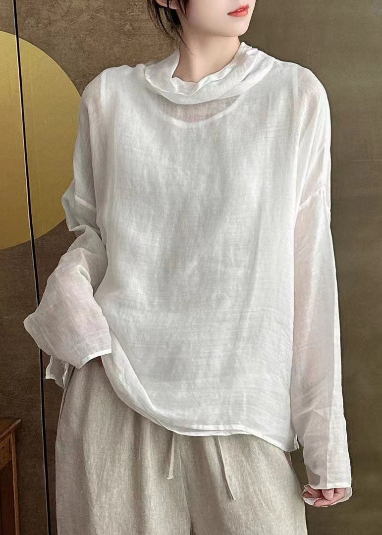 Simple White Turtle Neck Patchwork Linen Shirts Long Sleeve