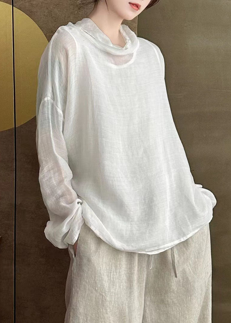 Simple White Turtle Neck Patchwork Linen Shirts Long Sleeve