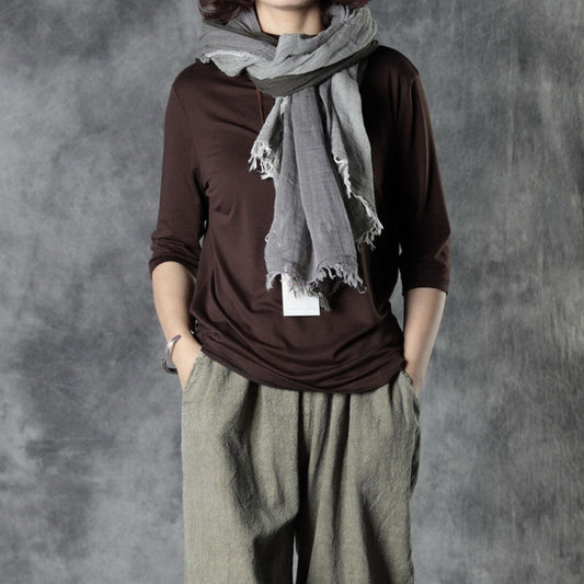 Simple Chocolate Loose Fall Cotton Half Sleeve Tops