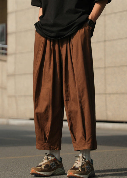 Simple Chocolate Elastic Waist Cotton Crop Pants Summer