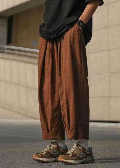 Simple Chocolate Elastic Waist Cotton Crop Pants Summer
