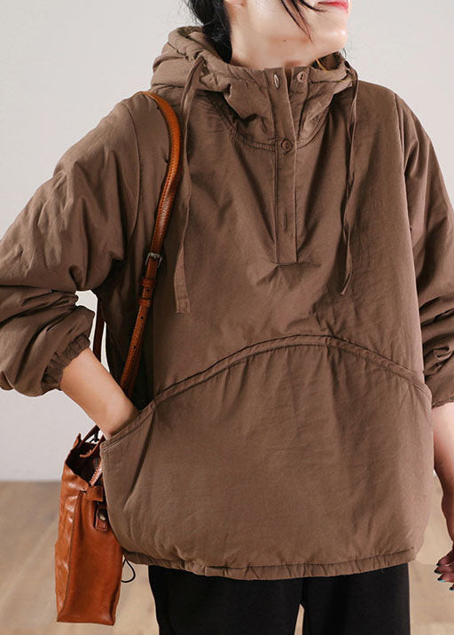 Simple Chocolate Hooded Patchwork Fine Cotton Filled Sweatshirt Street Wear Winter