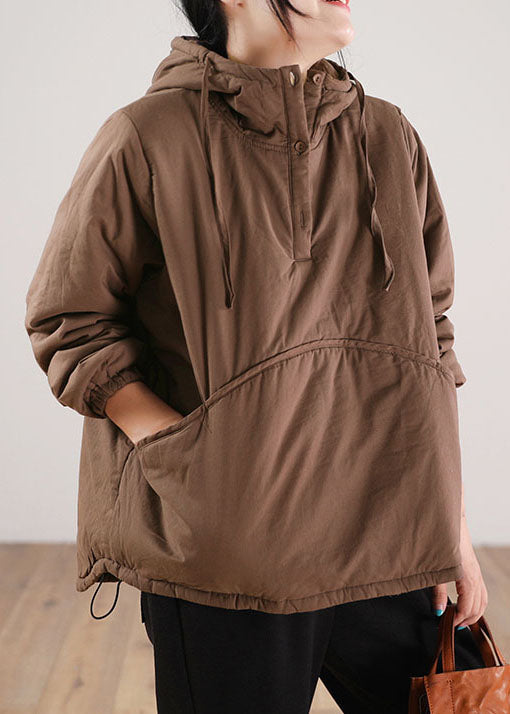 Simple Chocolate Hooded Patchwork Fine Cotton Filled Sweatshirt Street Wear Winter