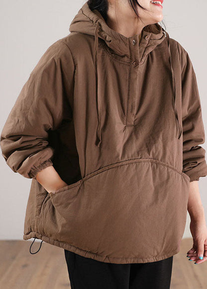 Simple Chocolate Hooded Patchwork Fine Cotton Filled Sweatshirt Street Wear Winter