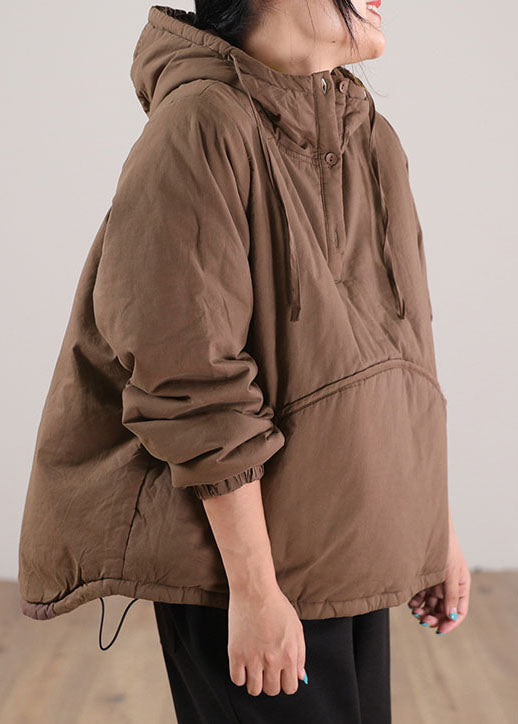 Simple Chocolate Hooded Patchwork Fine Cotton Filled Sweatshirt Street Wear Winter