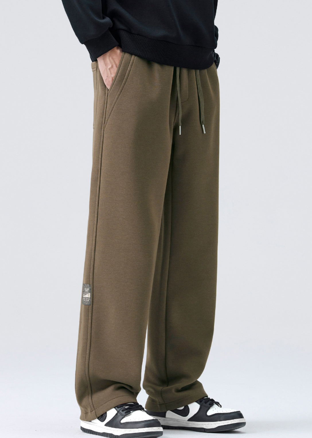 Simple Coffee Lace Up Elastic Waist Warm Fleece Pants Spring