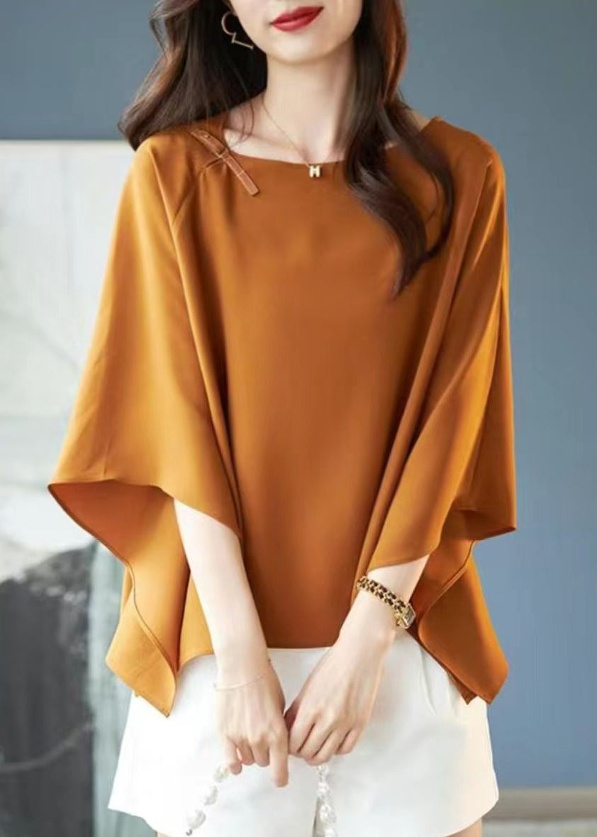 Simple Coffee O-neck Asymmetrical Chiffon T Shirts Summer