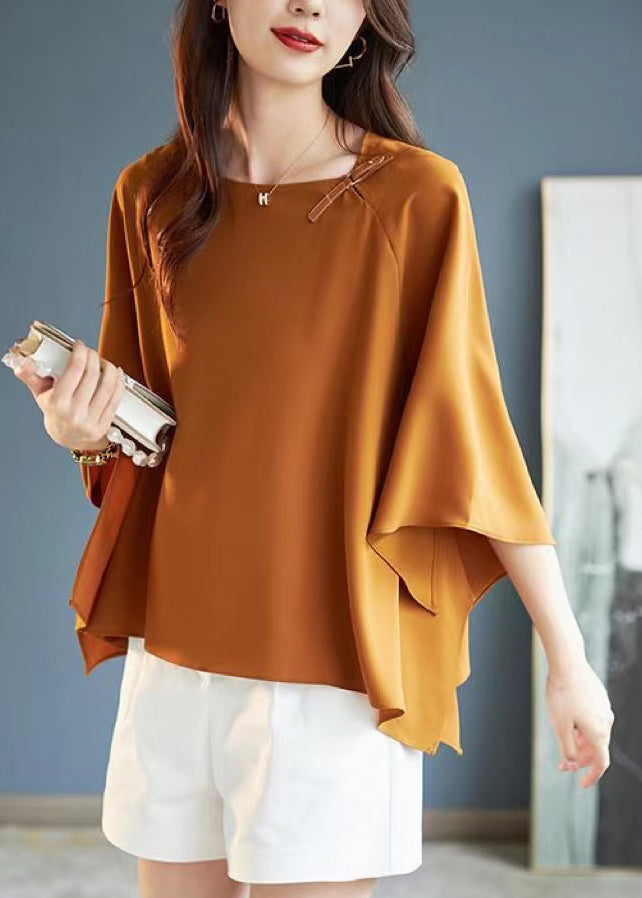 Simple Coffee O-neck Asymmetrical Chiffon T Shirts Summer