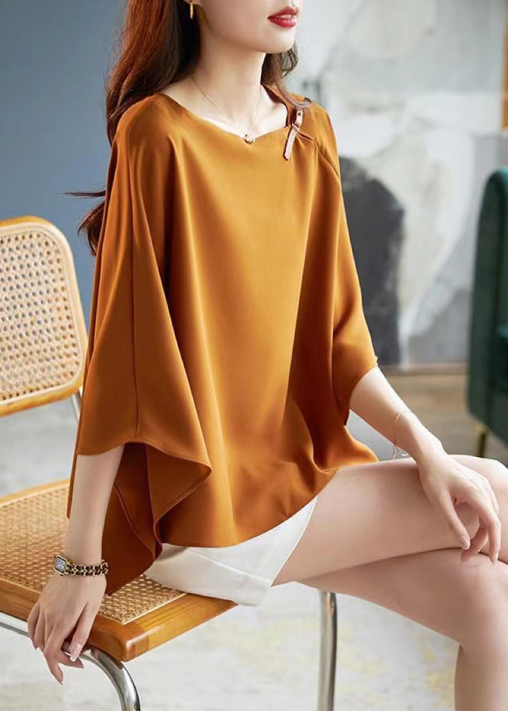 Simple Coffee O-neck Asymmetrical Chiffon T Shirts Summer