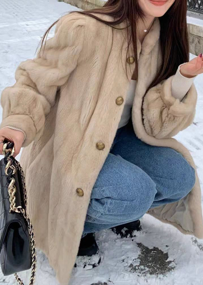 Simple Coffee O-neck Button Thick Fuzzy Fur Coat Long Sleeve