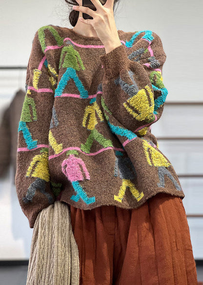 Simple Chocolate O-neck Oversized Cartoon Jacquard Knit Short Sweater Winter