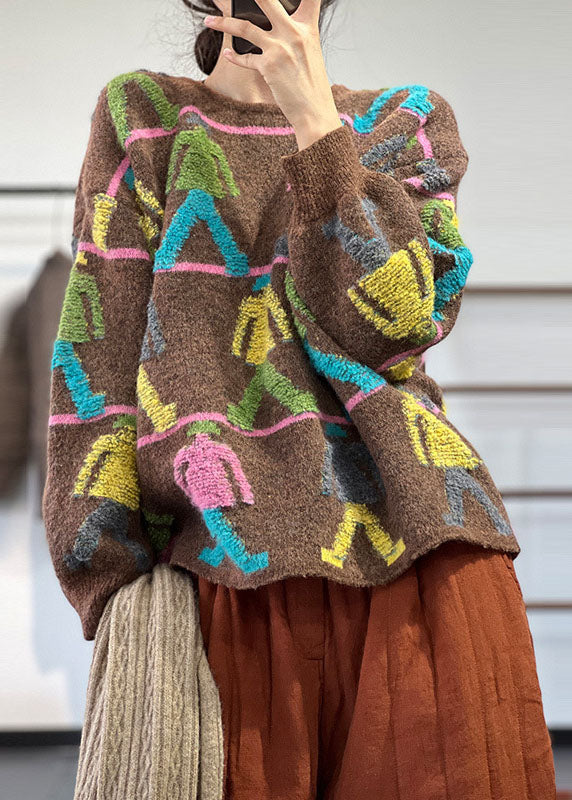 Simple Chocolate O-neck Oversized Cartoon Jacquard Knit Short Sweater Winter