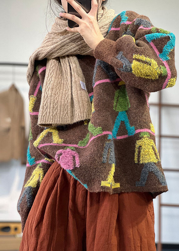 Simple Chocolate O-neck Oversized Cartoon Jacquard Knit Short Sweater Winter