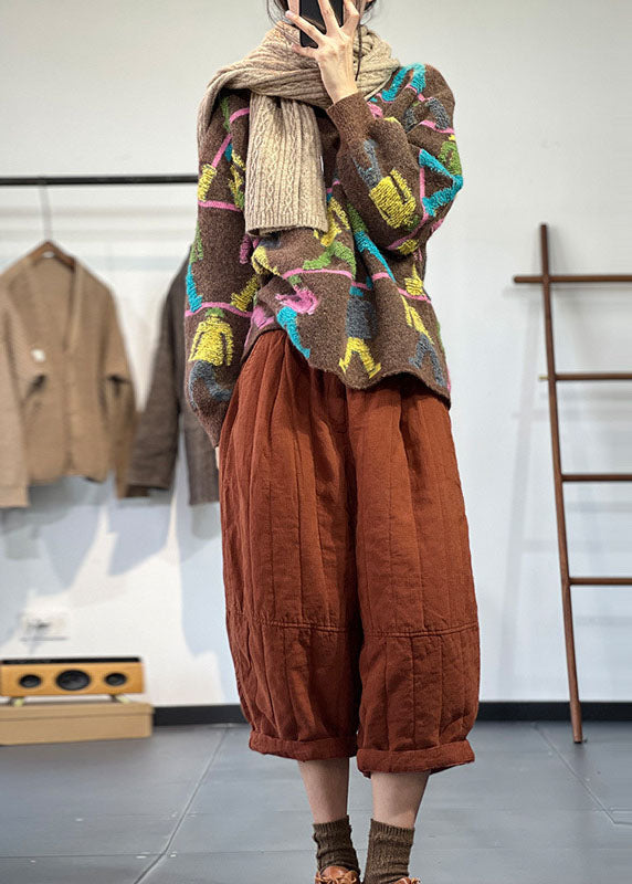 Simple Chocolate O-neck Oversized Cartoon Jacquard Knit Short Sweater Winter