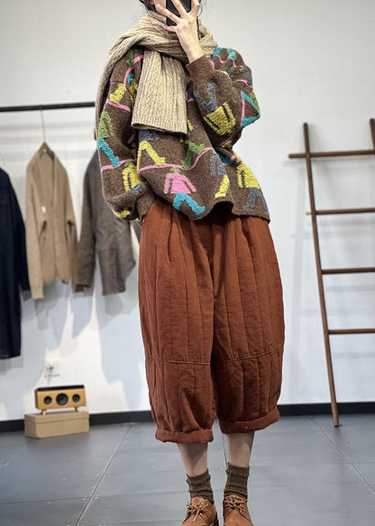 Simple Chocolate O-neck Oversized Cartoon Jacquard Knit Short Sweater Winter