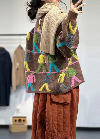 Simple Chocolate O-neck Oversized Cartoon Jacquard Knit Short Sweater Winter