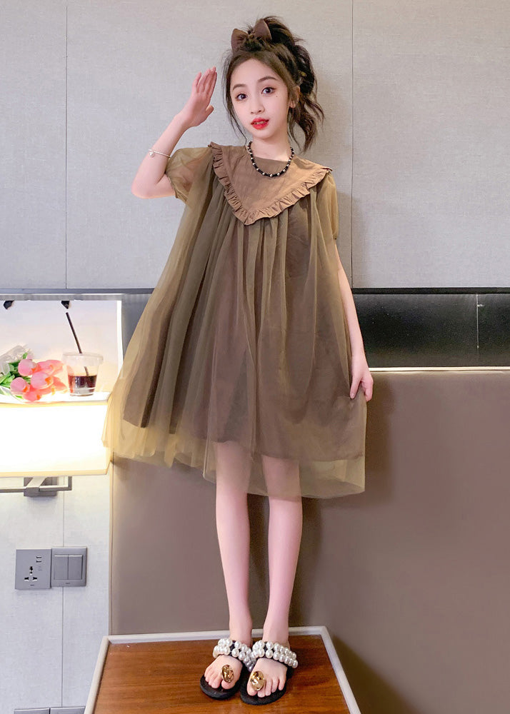 Simple Coffee O-neck Patchwork Layered Tulle Kids Maxi Dresses Short Sleeve