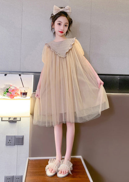Simple Coffee O-neck Patchwork Layered Tulle Kids Maxi Dresses Short Sleeve