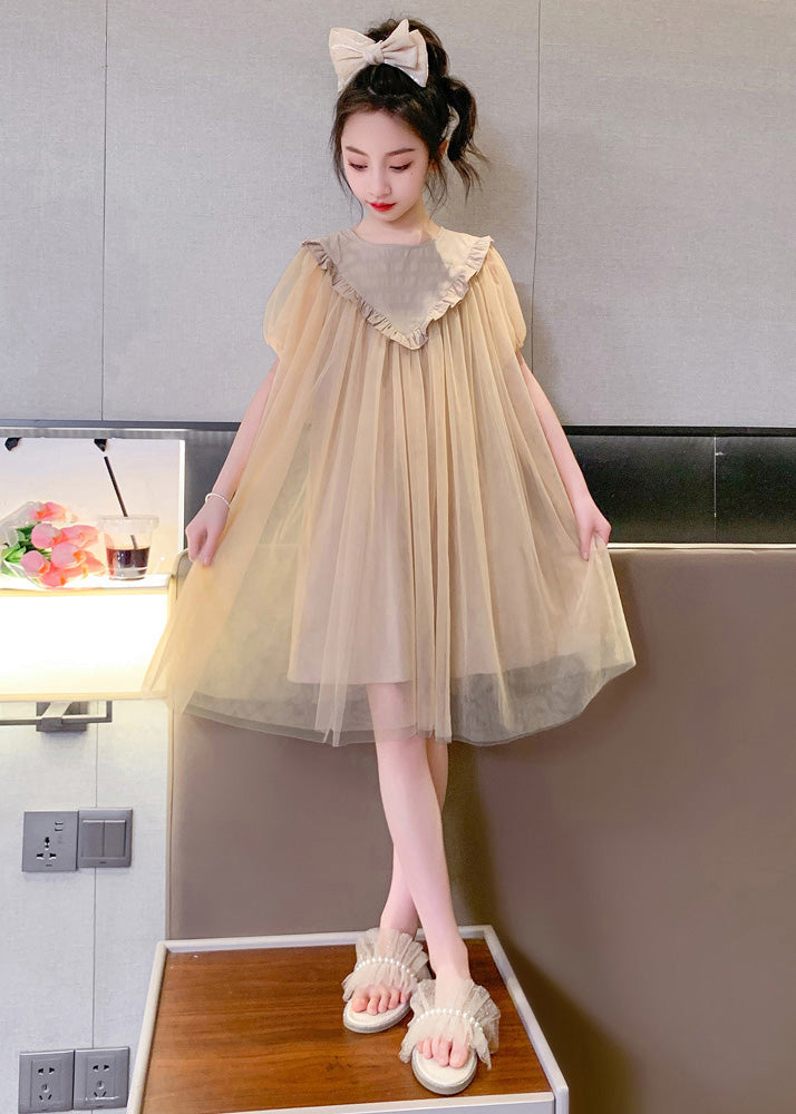 Simple Coffee O-neck Patchwork Layered Tulle Kids Maxi Dresses Short Sleeve
