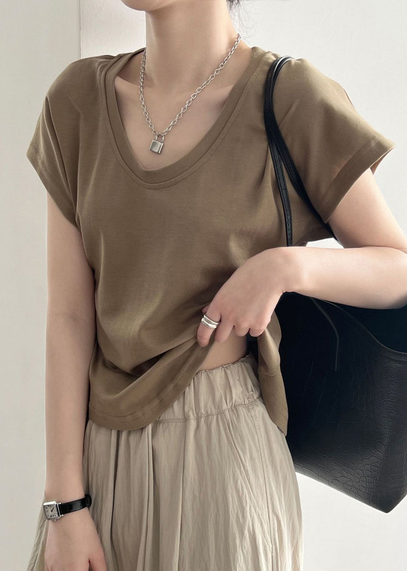 Simple Coffee O Neck Cotton T Shirt Summer