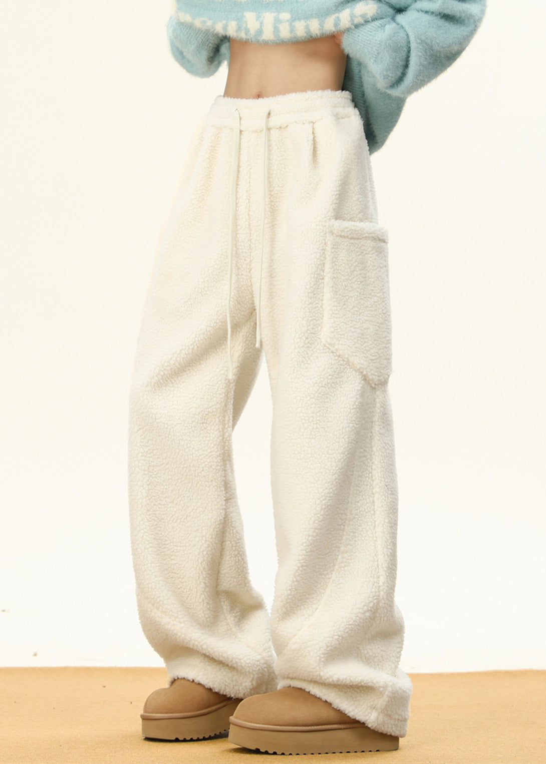 Simple Coffee Pockets Elastic Waist Teddy Faux Fur Pants Winter
