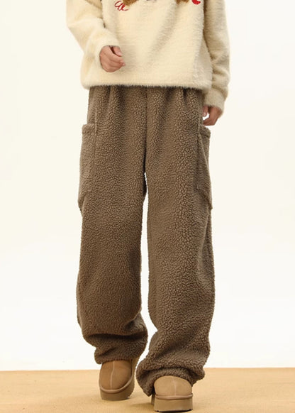 Simple Coffee Pockets Elastic Waist Teddy Faux Fur Pants Winter