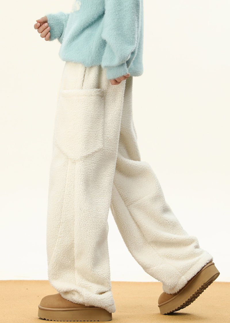 Simple Coffee Pockets Elastic Waist Teddy Faux Fur Pants Winter