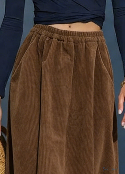 Simple Coffee Pockets Elastic Waist Corduroy Skirt