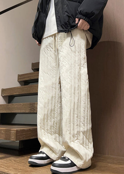 Simple Coffee Pockets Elastic Waist Cotton Filled Pants Winter