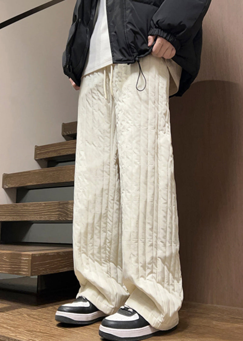 Simple Coffee Pockets Elastic Waist Cotton Filled Pants Winter