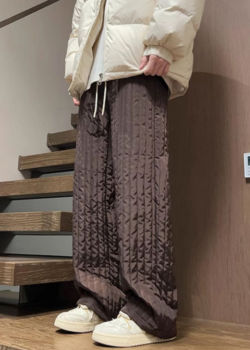 Simple Coffee Pockets Elastic Waist Cotton Filled Pants Winter