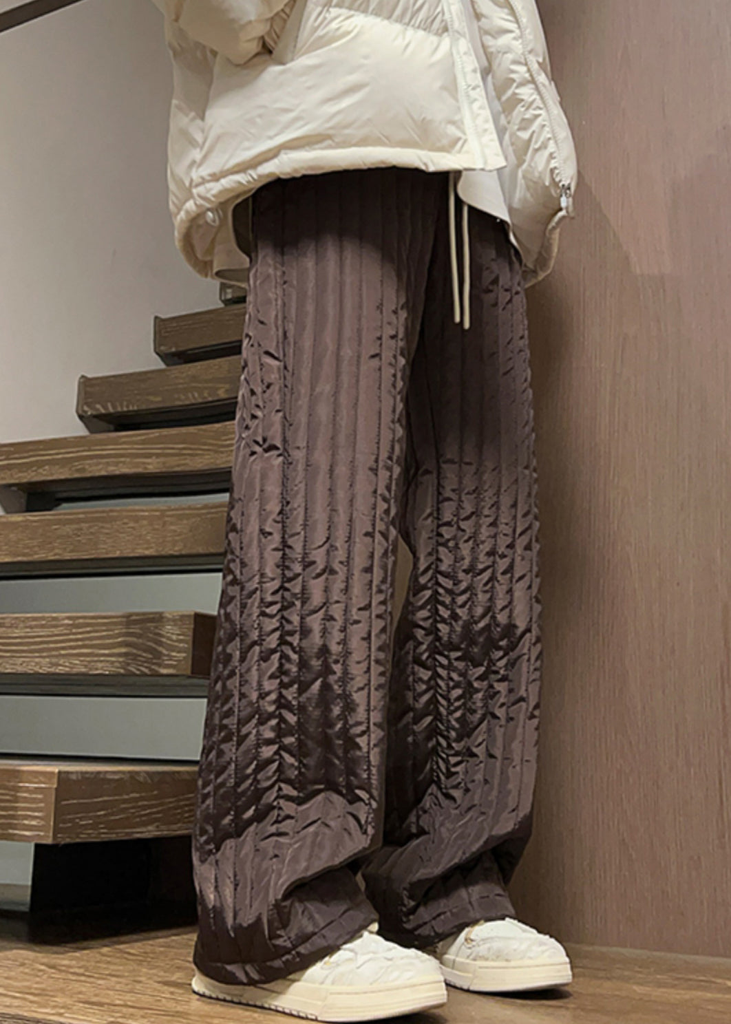 Simple Coffee Pockets Elastic Waist Cotton Filled Pants Winter