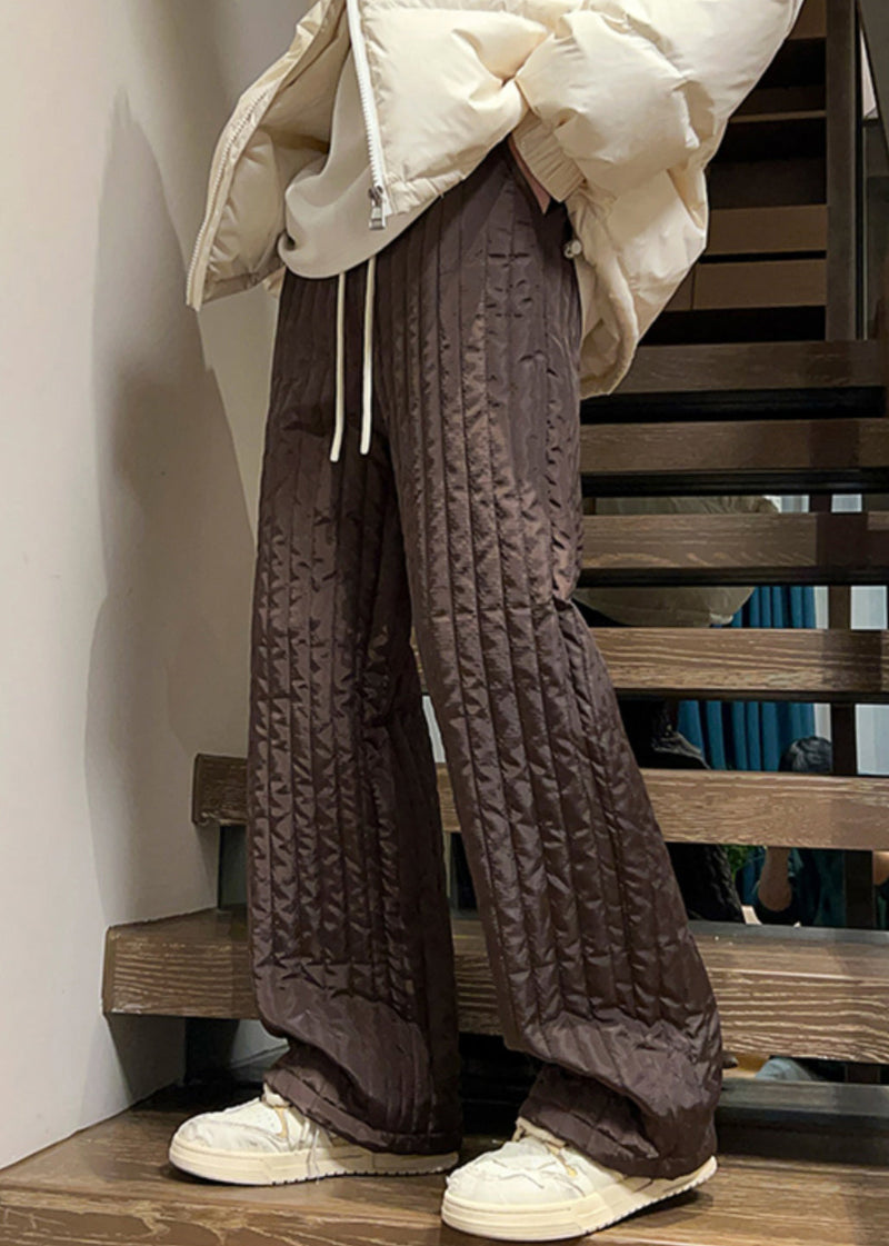 Simple Coffee Pockets Elastic Waist Cotton Filled Pants Winter