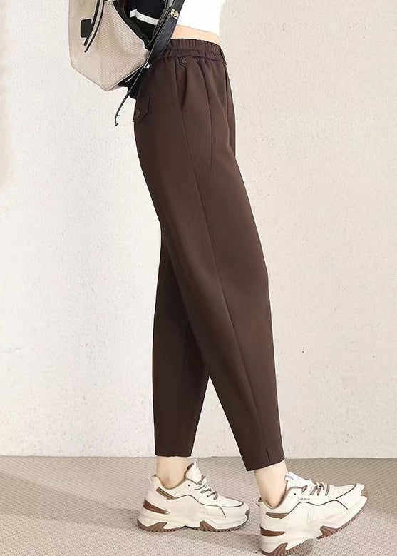 Simple Coffee Pockets High Waist Cotton Crop Pants Spring