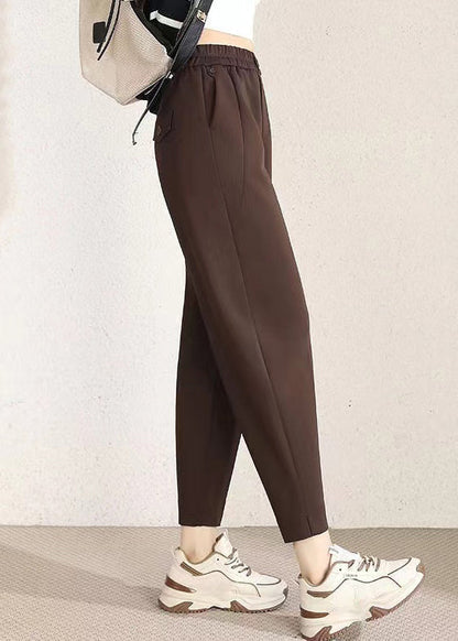 Simple Coffee Pockets High Waist Cotton Crop Pants Spring