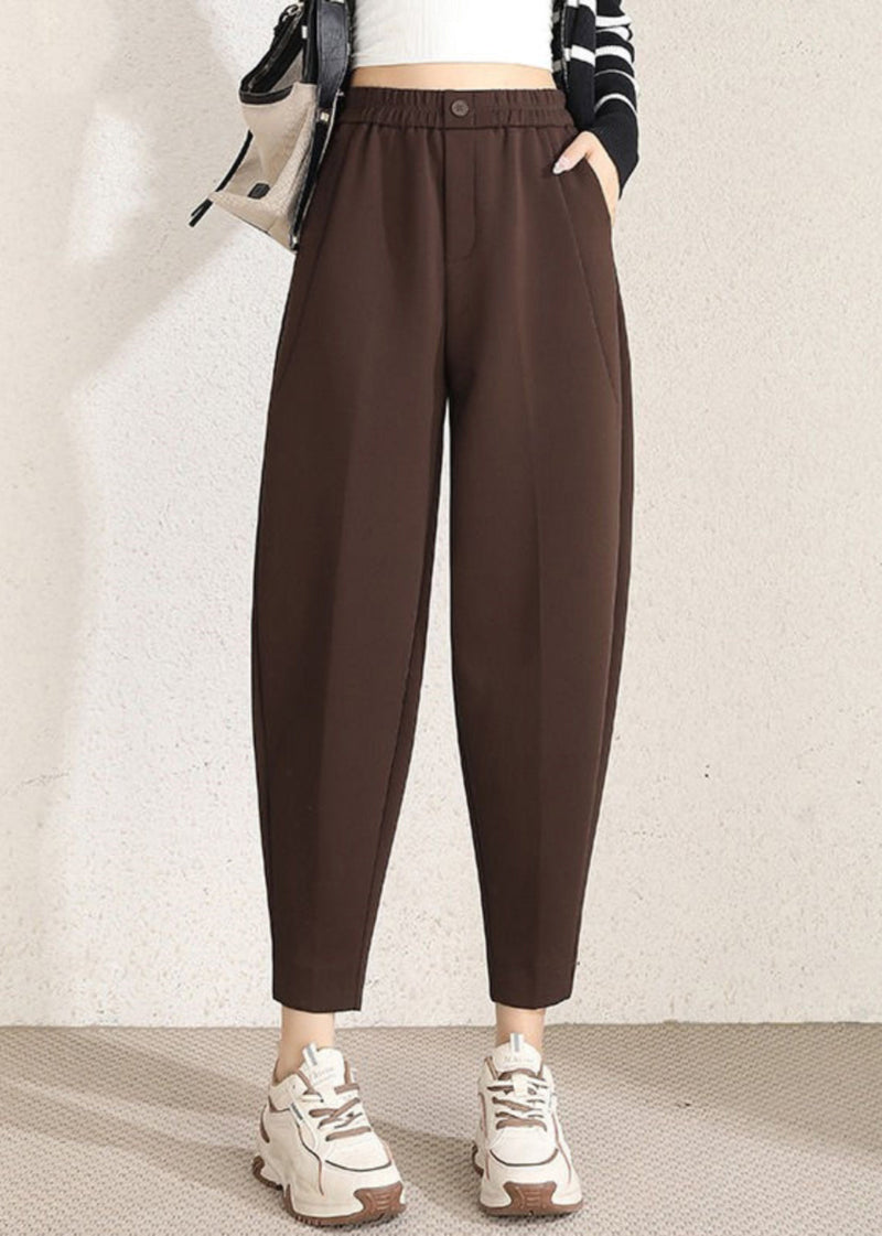 Simple Coffee Pockets High Waist Cotton Crop Pants Spring