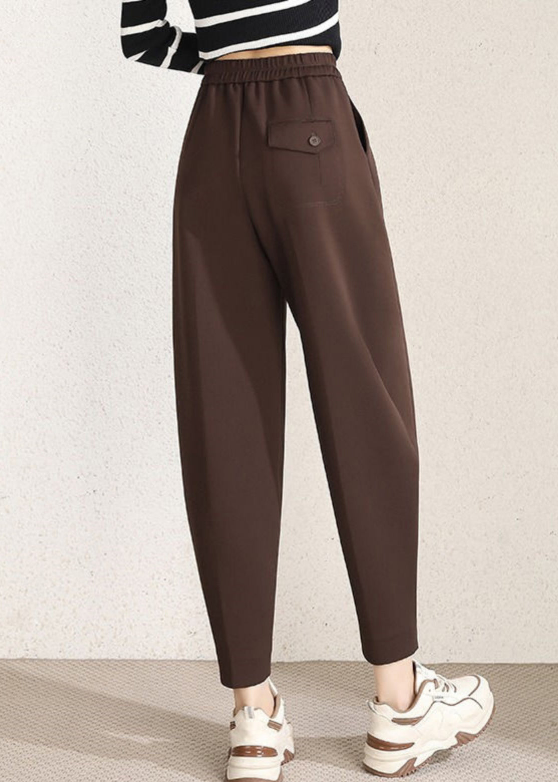 Simple Coffee Pockets High Waist Cotton Crop Pants Spring